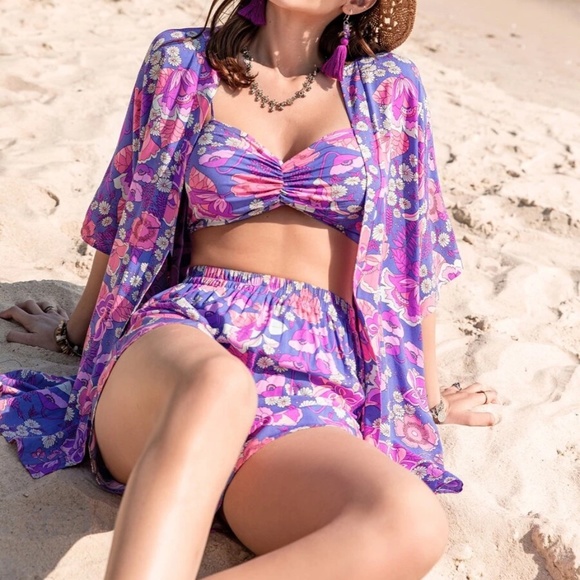 Pants - Boho Floral Print Shorts Cover up Set